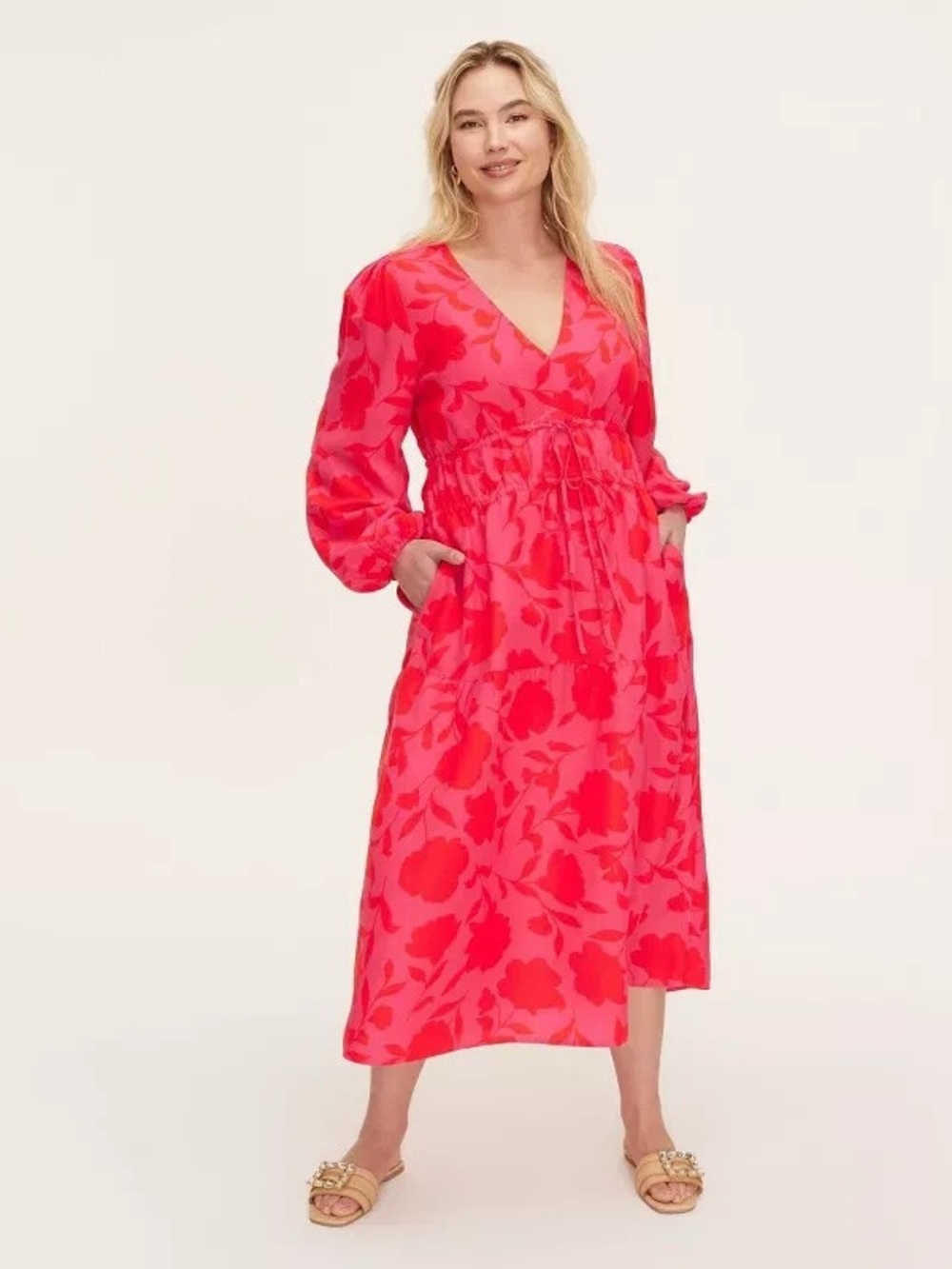 kate spade Fuchsia and Red V-Neck Long Sleeve Drawstring Midi Dress NWT size M